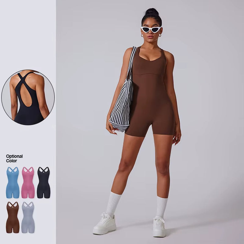 Fall Winter New Woman Gym Yoga Shorts Jumpsuit Sleeveless Cross Hollowing Beauty Back Womens Gym Sets Workout Jumpsuit for Women