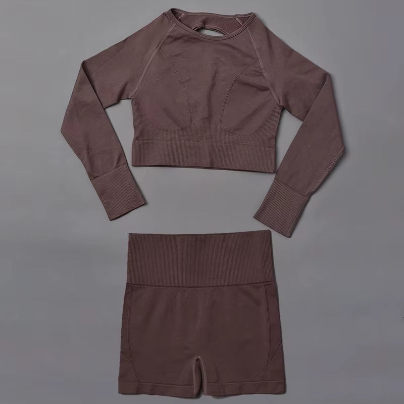 New Arrival Women'S Gym Yoga Sets Seamless 2-Piece Sexy Hollow Back Long Sleeves Tops High Waist Shorts Quick Solid Running
