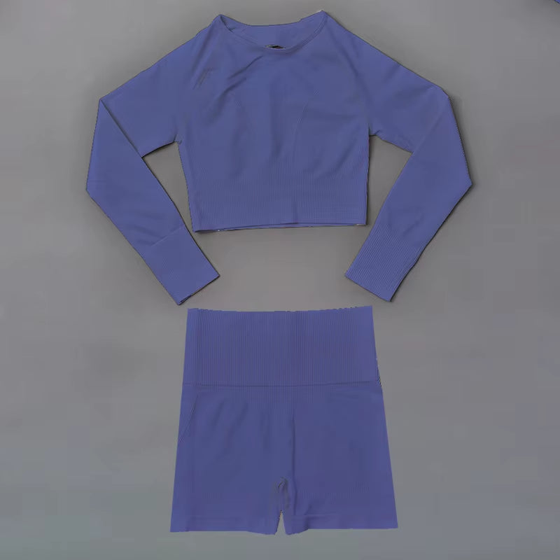 New Arrival Women'S Gym Yoga Sets Seamless 2-Piece Sexy Hollow Back Long Sleeves Tops High Waist Shorts Quick Solid Running