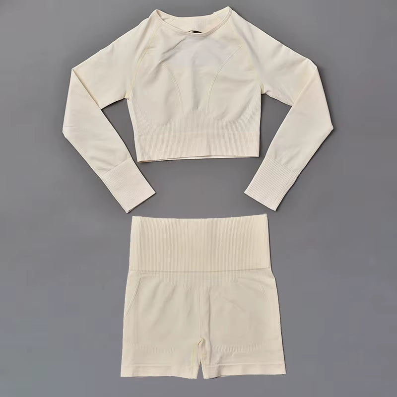 New Arrival Women'S Gym Yoga Sets Seamless 2-Piece Sexy Hollow Back Long Sleeves Tops High Waist Shorts Quick Solid Running