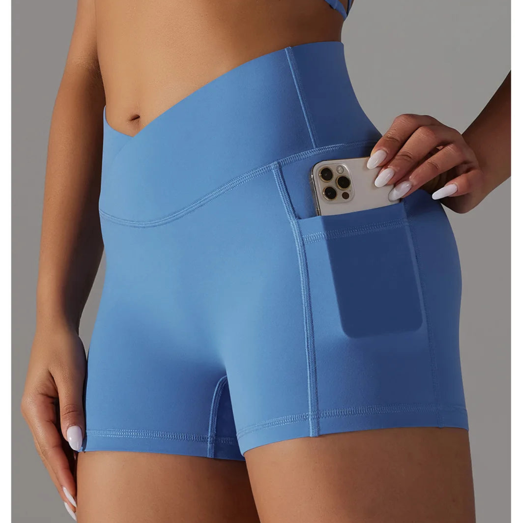 Custom Nude V Waist Women Sports Pants Elastic Fitness Shorts Peach Hip Scruch Butt Soft Pocket Quick Dry Yoga Shorts for Women