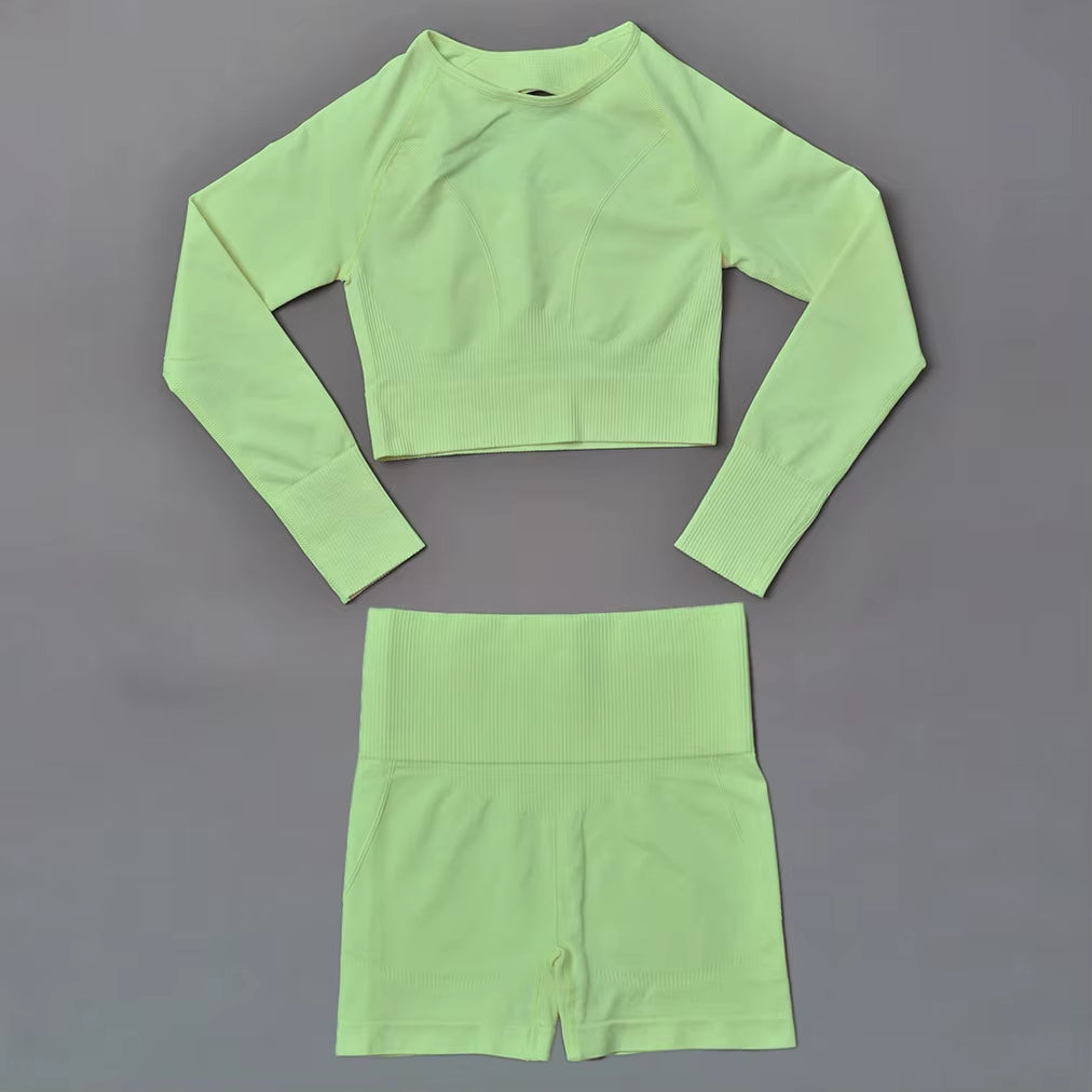 New Arrival Women'S Gym Yoga Sets Seamless 2-Piece Sexy Hollow Back Long Sleeves Tops High Waist Shorts Quick Solid Running