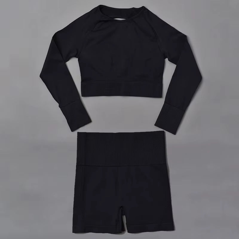 New Arrival Women'S Gym Yoga Sets Seamless 2-Piece Sexy Hollow Back Long Sleeves Tops High Waist Shorts Quick Solid Running