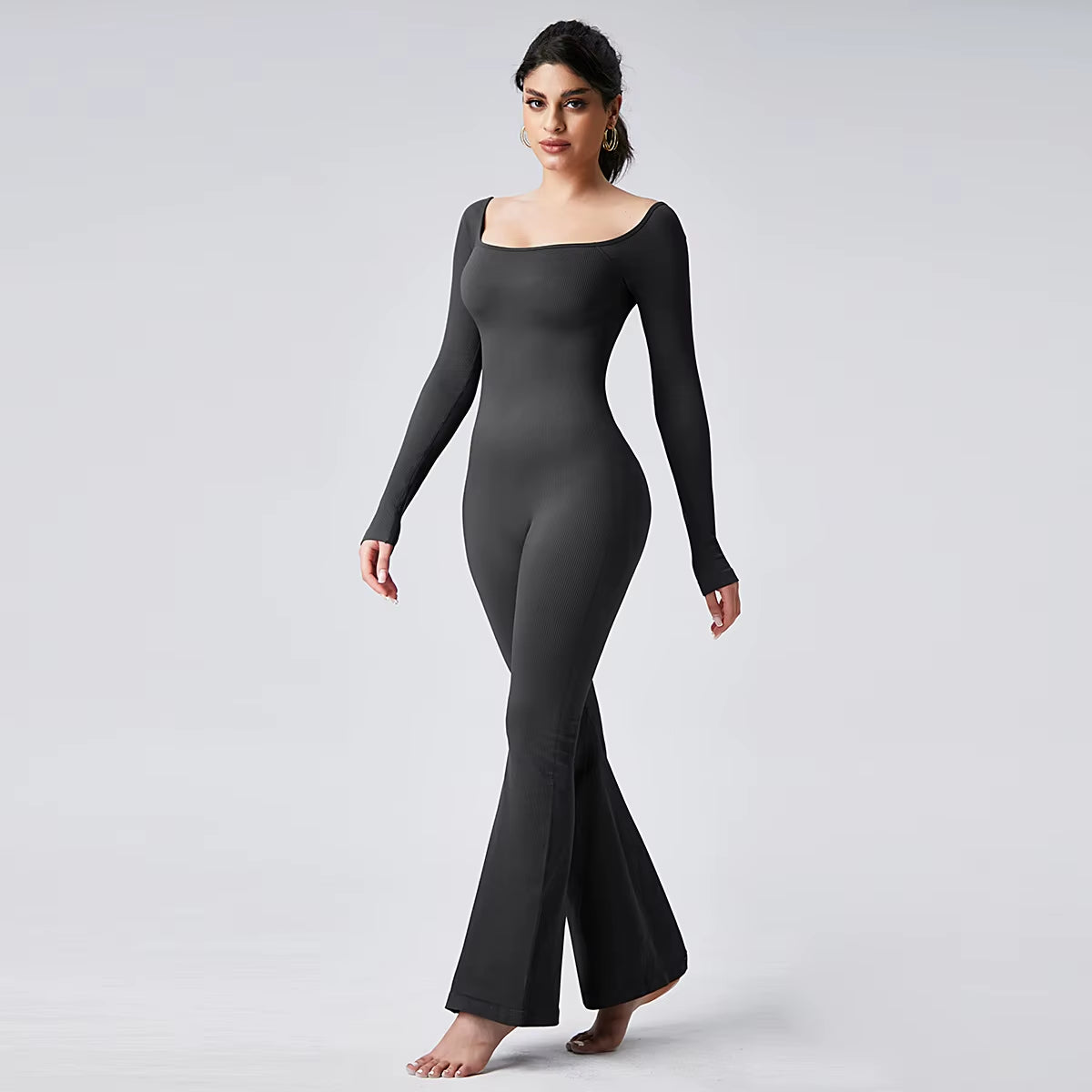 Custom Logo Woman One Piece Hip Lifting Body Shaping Gym Yoga Flare Bodysuits Long Sleeve Sportswear Workout Jumpsuit for Women