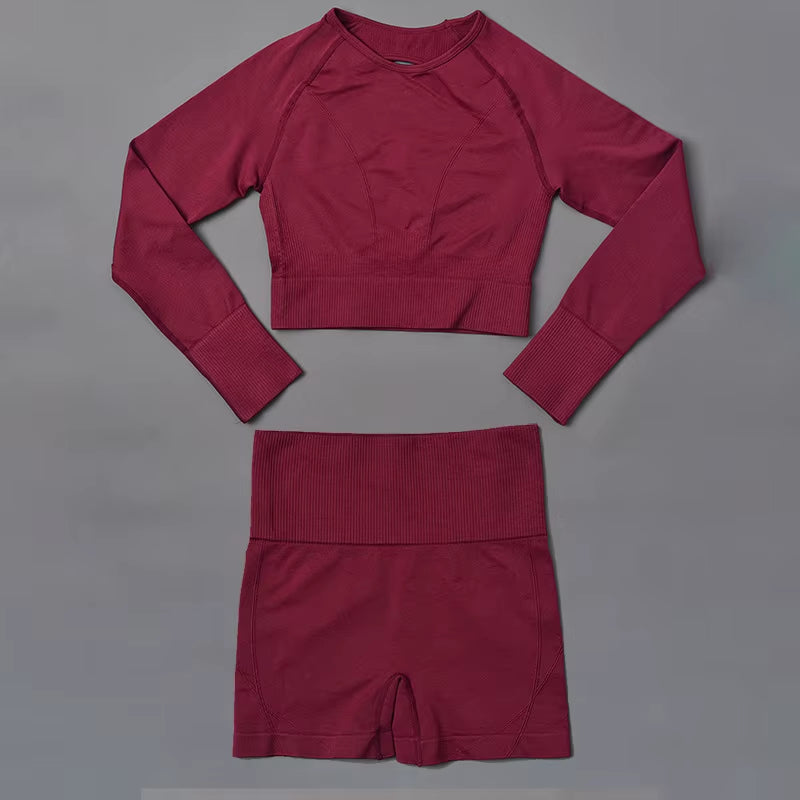 New Arrival Women'S Gym Yoga Sets Seamless 2-Piece Sexy Hollow Back Long Sleeves Tops High Waist Shorts Quick Solid Running