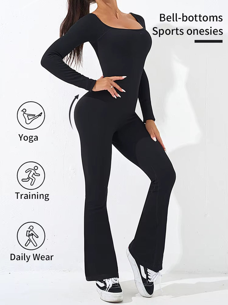 Custom Logo Woman One Piece Hip Lifting Body Shaping Gym Yoga Flare Bodysuits Long Sleeve Sportswear Workout Jumpsuit for Women