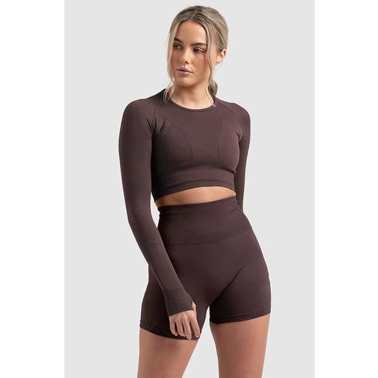 New Arrival Women'S Gym Yoga Sets Seamless 2-Piece Sexy Hollow Back Long Sleeves Tops High Waist Shorts Quick Solid Running