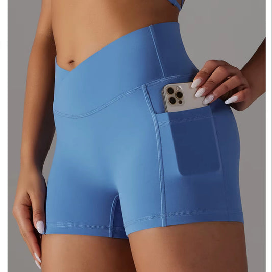 Custom Nude V Waist Women Sports Pants Elastic Fitness Shorts Peach Hip Scruch Butt Soft Pocket Quick Dry Yoga Shorts for Women