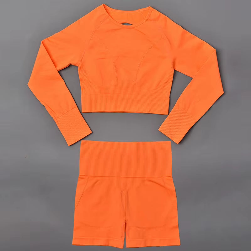New Arrival Women'S Gym Yoga Sets Seamless 2-Piece Sexy Hollow Back Long Sleeves Tops High Waist Shorts Quick Solid Running
