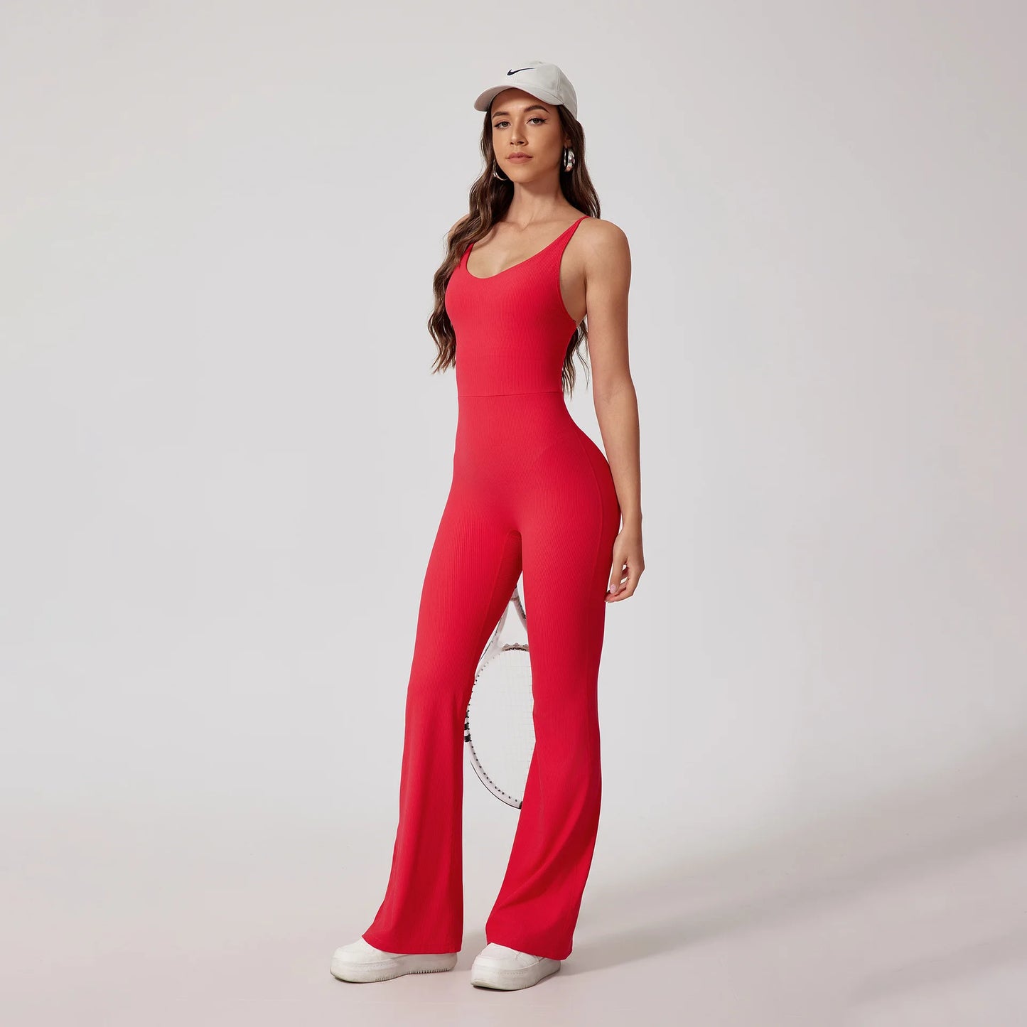High Quality Nude Ribbed Woman Gym Yoga Jumpsuit Hollow Beauty Back Tight Breathable Skin Friendly Workout Jumpsuit for Women