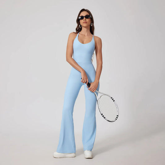 High Quality Nude Ribbed Woman Gym Yoga Jumpsuit Hollow Beauty Back Tight Breathable Skin Friendly Workout Jumpsuit for Women