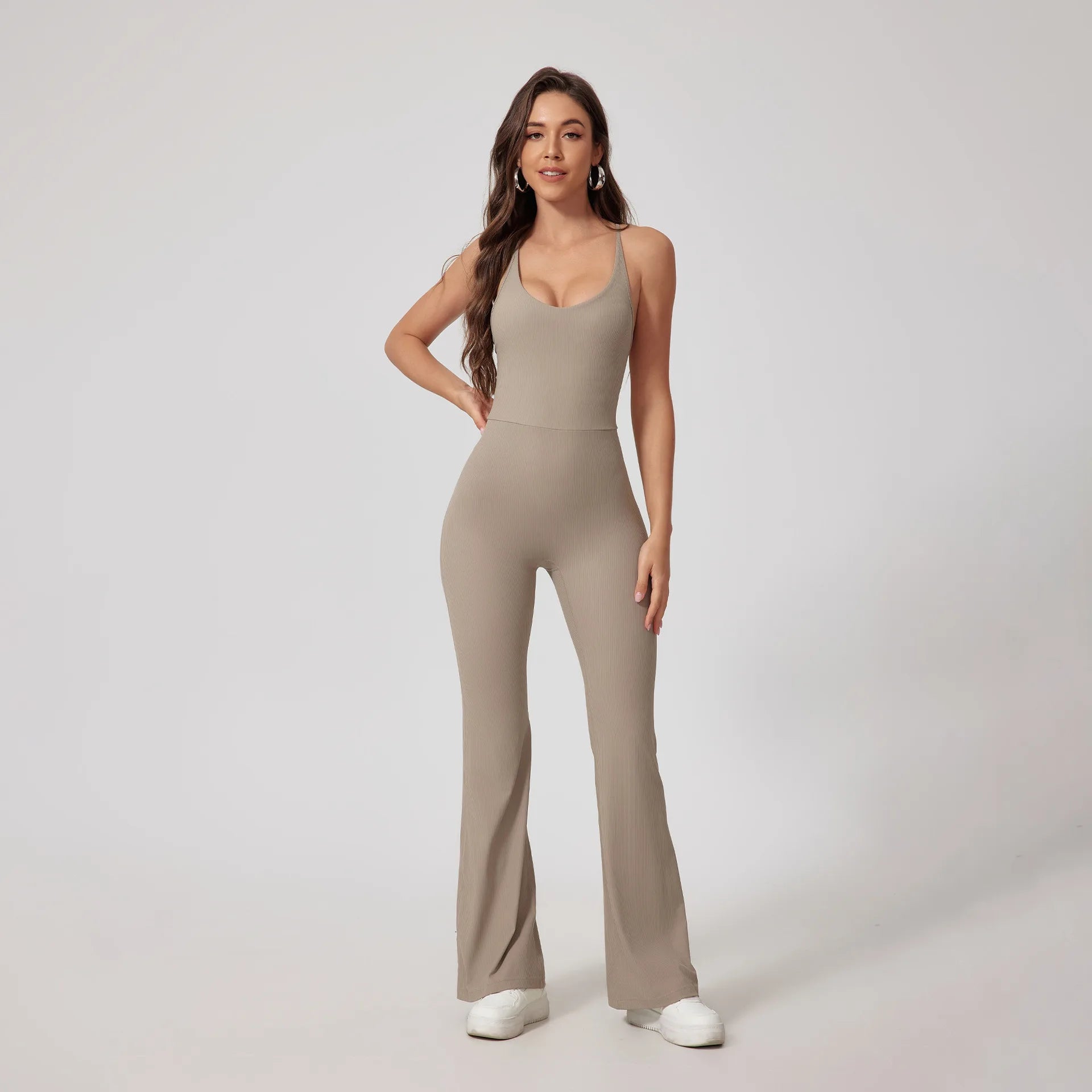 High Quality Nude Ribbed Woman Gym Yoga Jumpsuit Hollow Beauty Back Tight Breathable Skin Friendly Workout Jumpsuit for Women