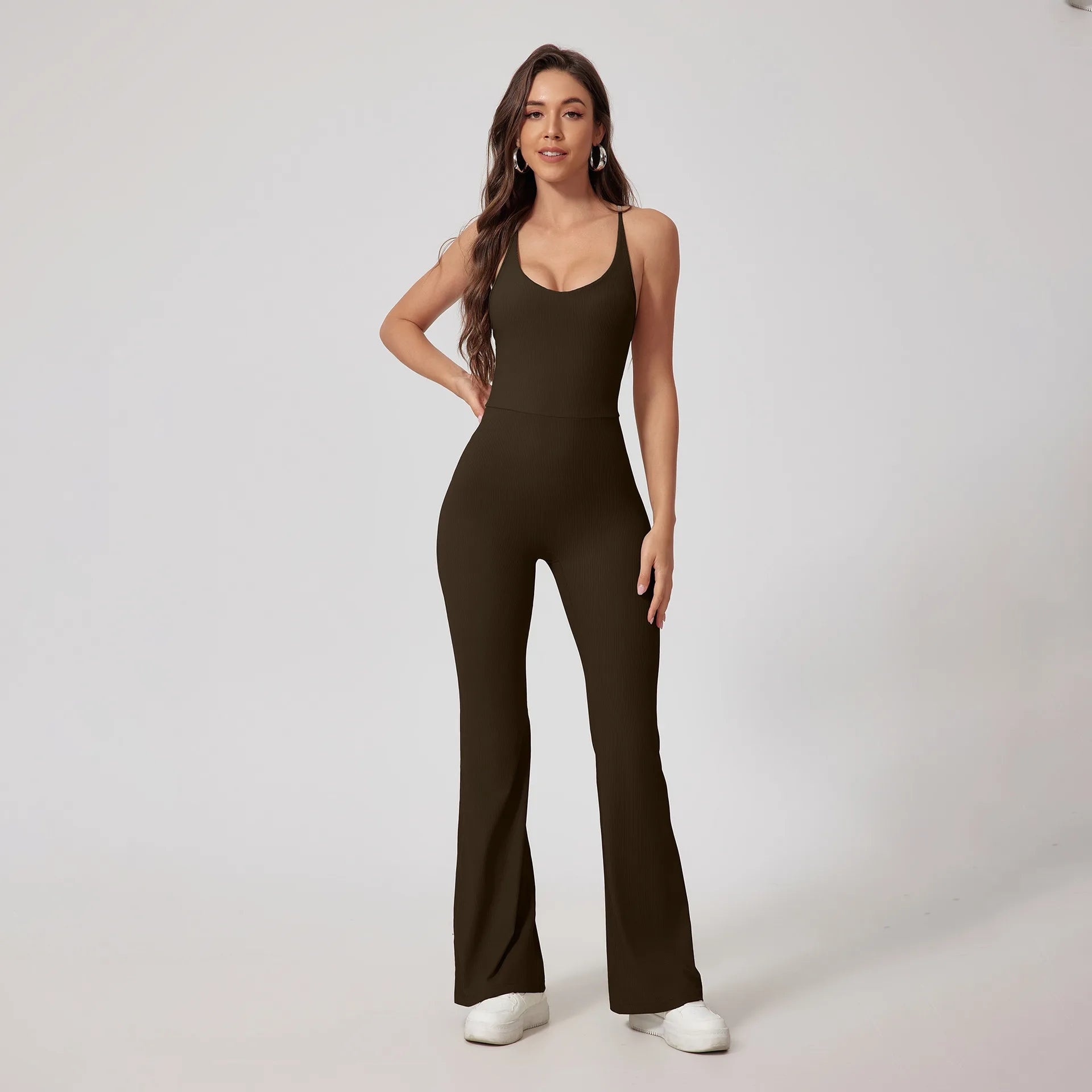 High Quality Nude Ribbed Woman Gym Yoga Jumpsuit Hollow Beauty Back Tight Breathable Skin Friendly Workout Jumpsuit for Women