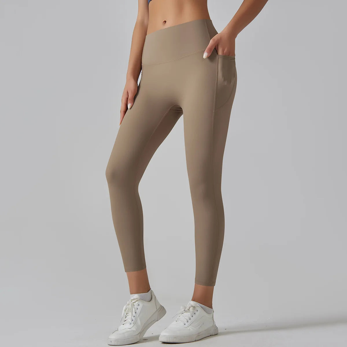 High Quality Women Sports Nude Feeling High Waist Tummy Control Slim Skin Friendly Breathable Leggings Yoga Pants with Pocket