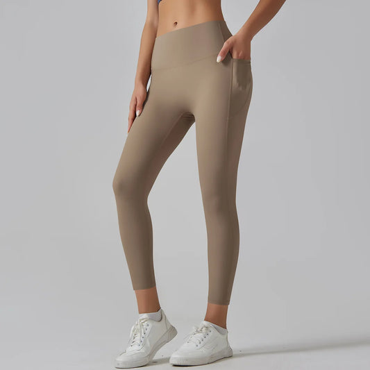 High Quality Women Sports Nude Feeling High Waist Tummy Control Slim Skin Friendly Breathable Leggings Yoga Pants with Pocket
