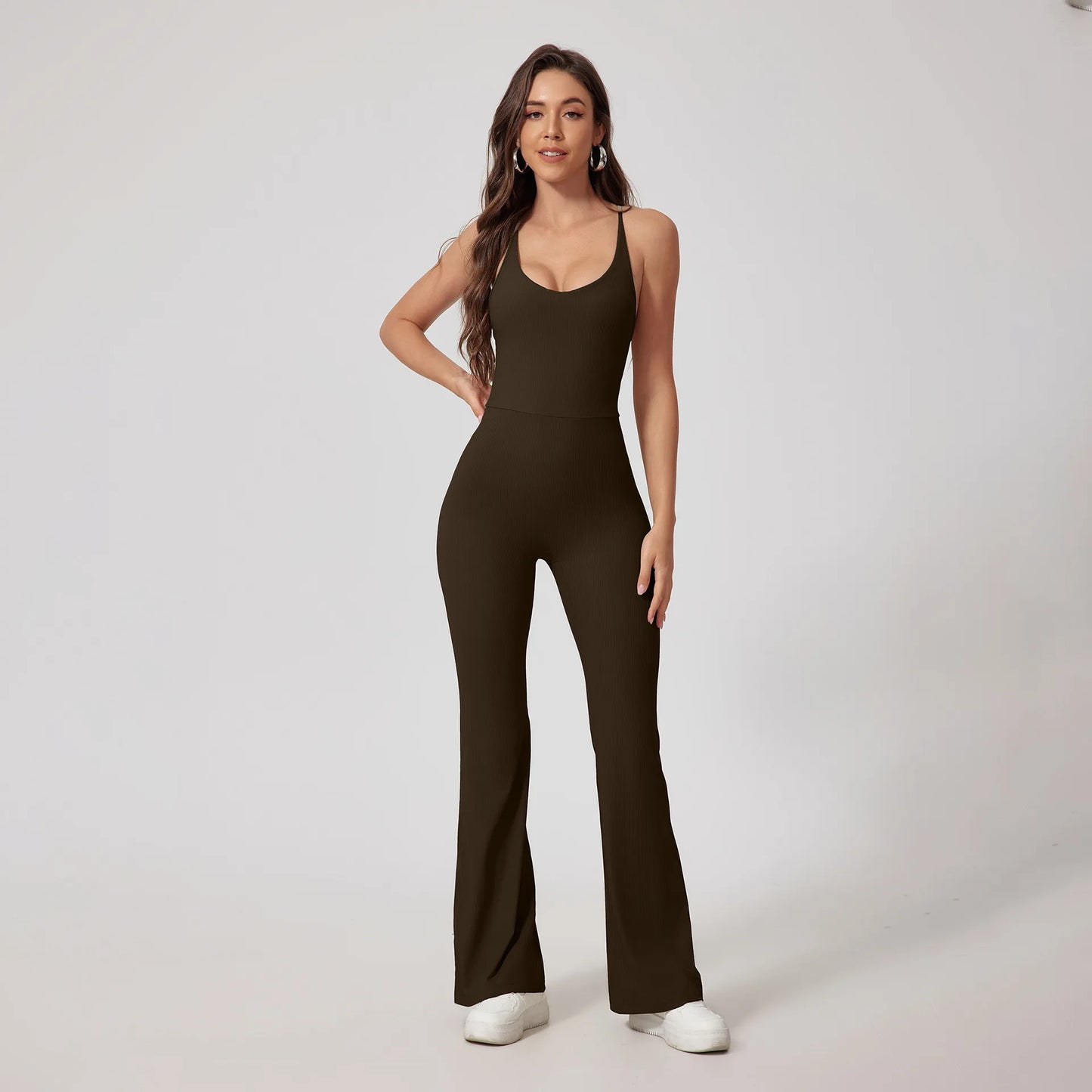 High Quality Nude Ribbed Woman Gym Yoga Jumpsuit Hollow Beauty Back Tight Breathable Skin Friendly Workout Jumpsuit for Women