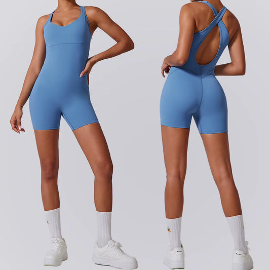Fall Winter New Woman Gym Yoga Shorts Jumpsuit Sleeveless Cross Hollowing Beauty Back Womens Gym Sets Workout Jumpsuit for Women