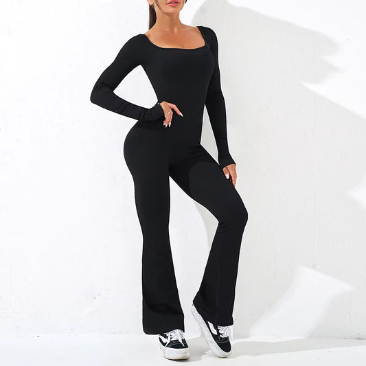 Custom Logo Woman One Piece Hip Lifting Body Shaping Gym Yoga Flare Bodysuits Long Sleeve Sportswear Workout Jumpsuit for Women